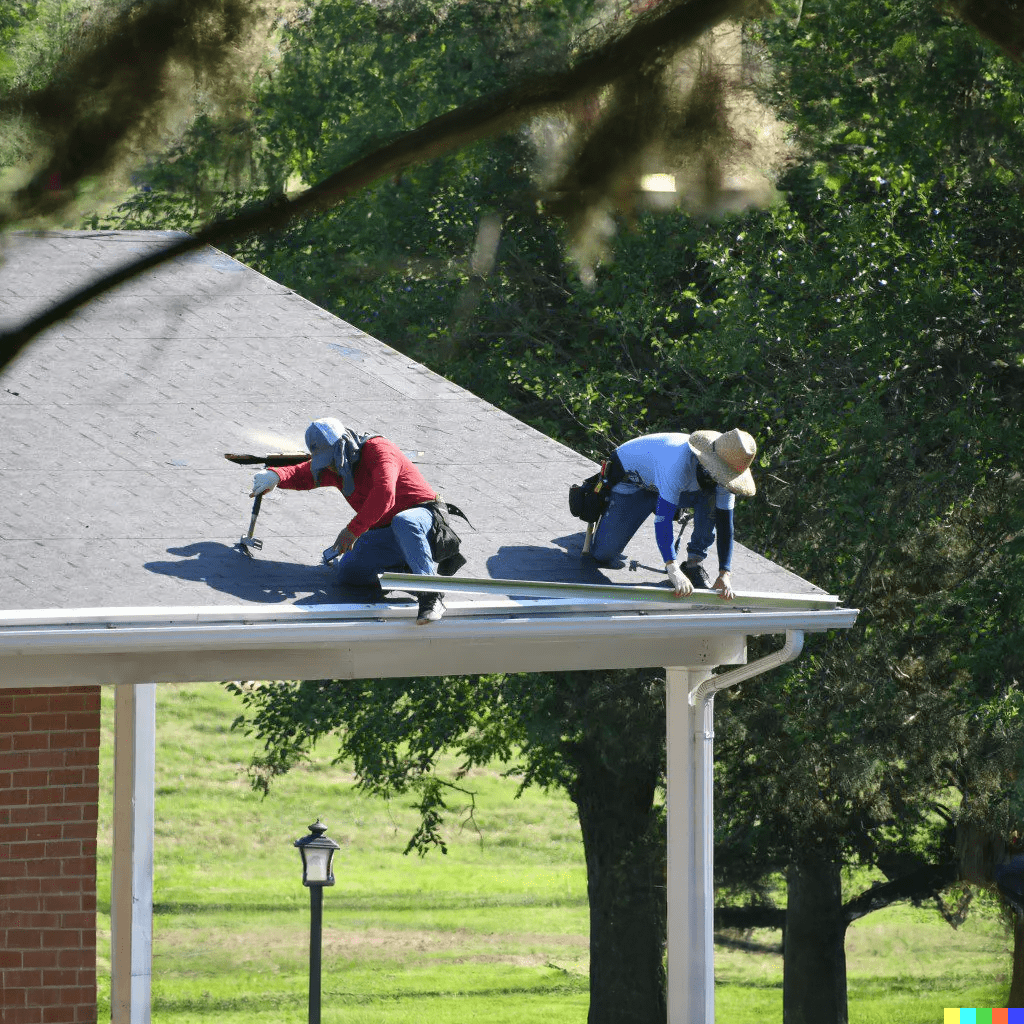 Roofers installing asphalt shingles on a residential roof in Huntsville Alabama.