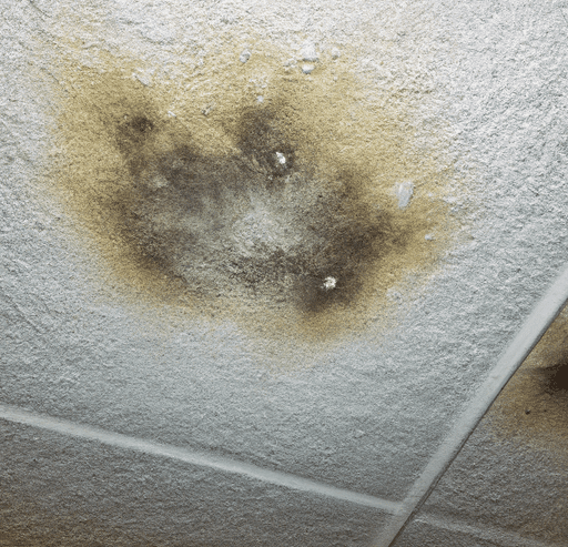 Ceiling with water staining and moisture damage associated with a persistent leak