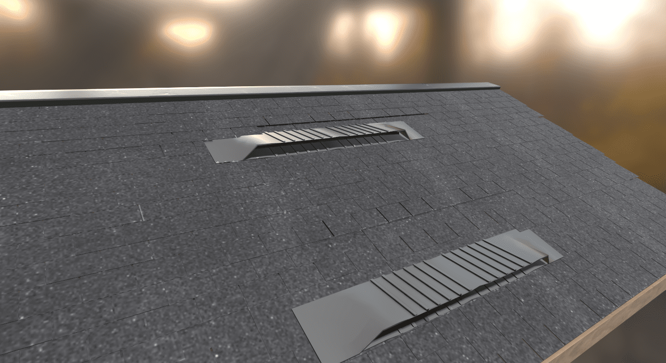 Two rectangular box vents installed near the upper section of a shingle roof