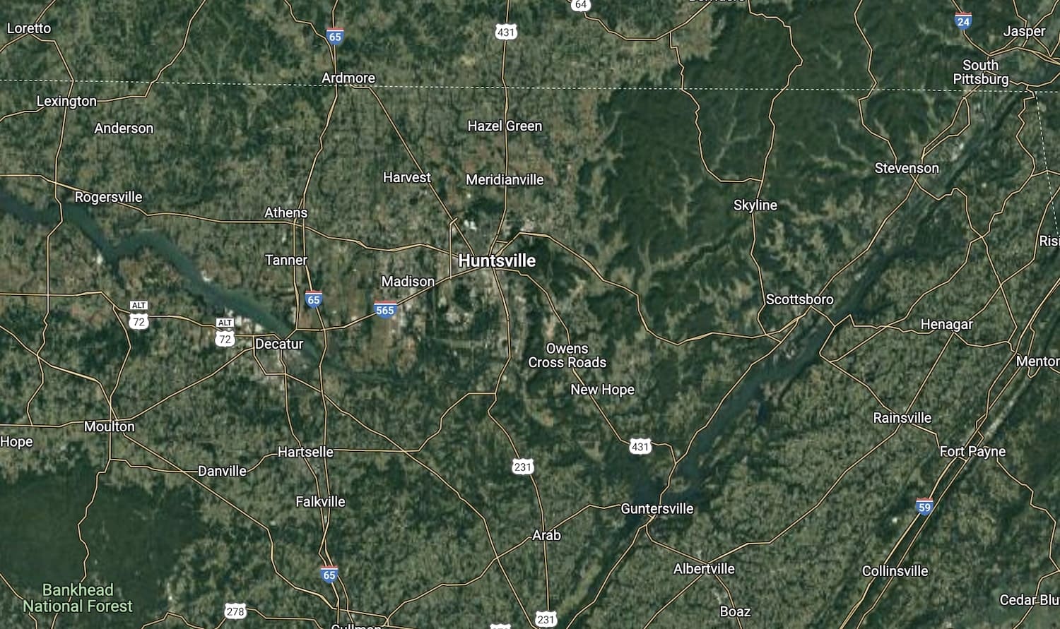 Huntsville and North Alabama service area map for Huntsville Roofing Solutions roof replacements