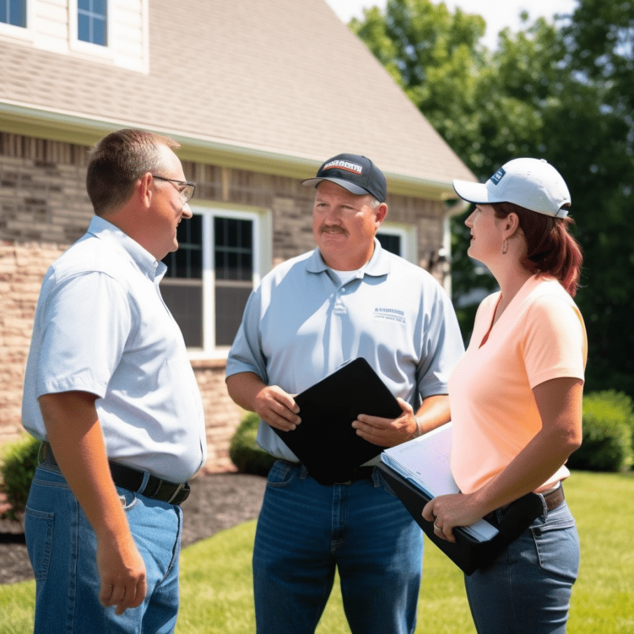 Homeowner reviewing a written roof inspection report with roofing professionals outside a house