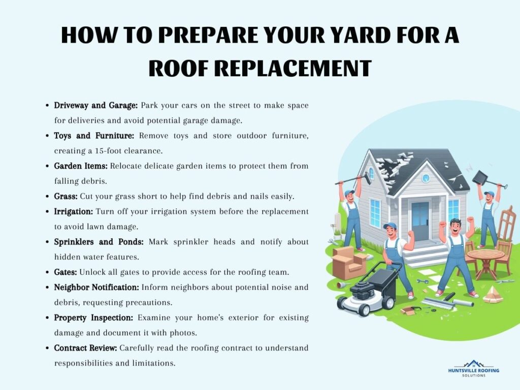 infographic illustration on how to prepare your yard for a roof replacement
