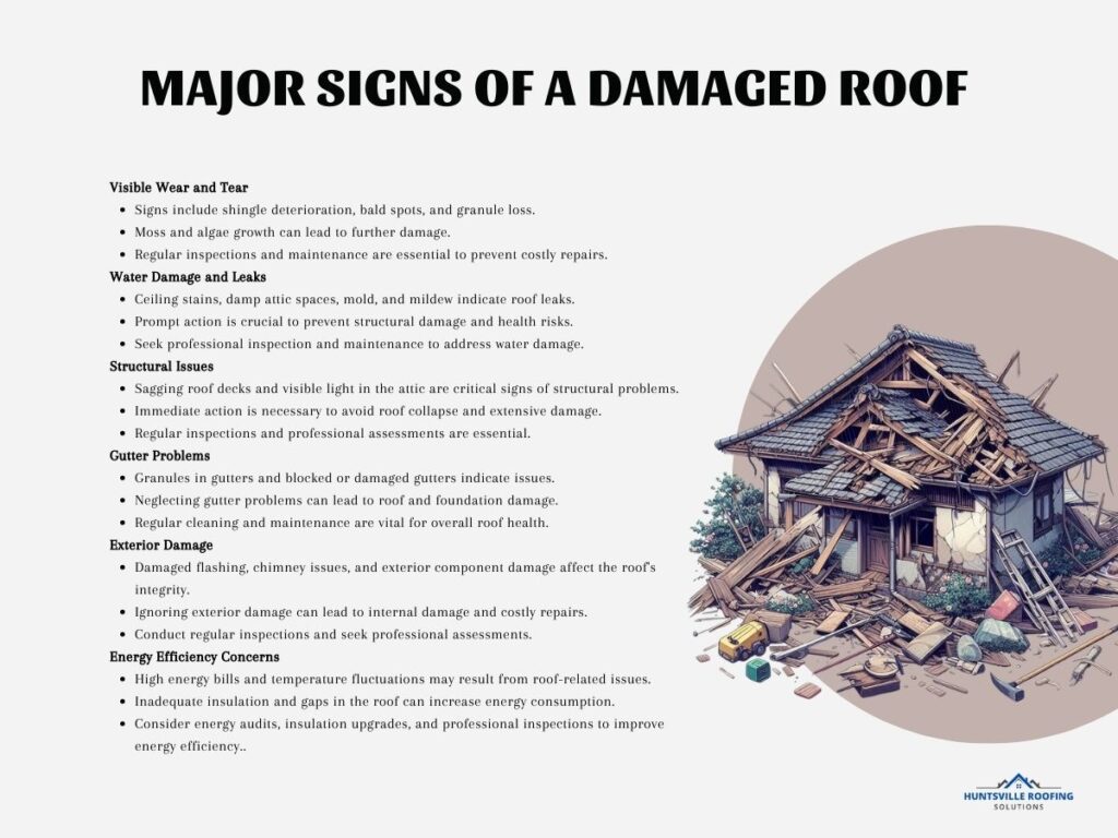 infographic illustration on major signs of a damaged roof