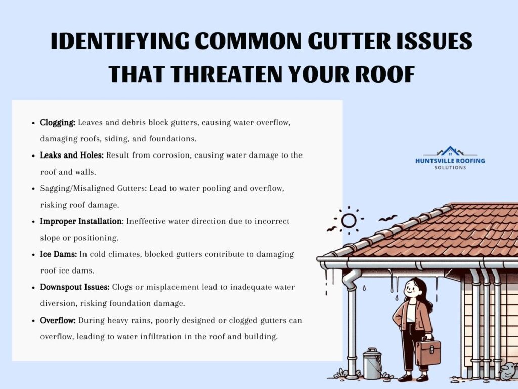 infographic illustration on identifying common gutter issues that threaten your roof : The Role of Gutters in Roof Health