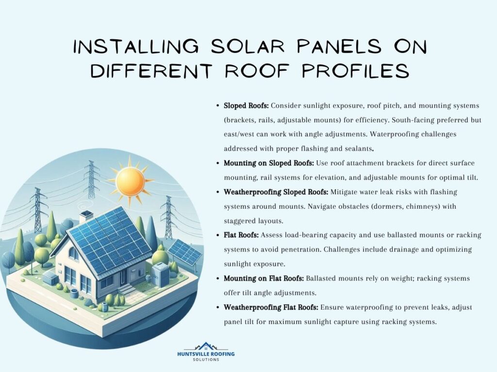 Infographic titled Installing Solar Panels on Different Roof Profiles lists considerations for sloped roofs, mounting on sloped roofs, weatherproofing, flat roofs, and mounting on flat roofs in Huntsville, with an illustrated house and solar panels.
