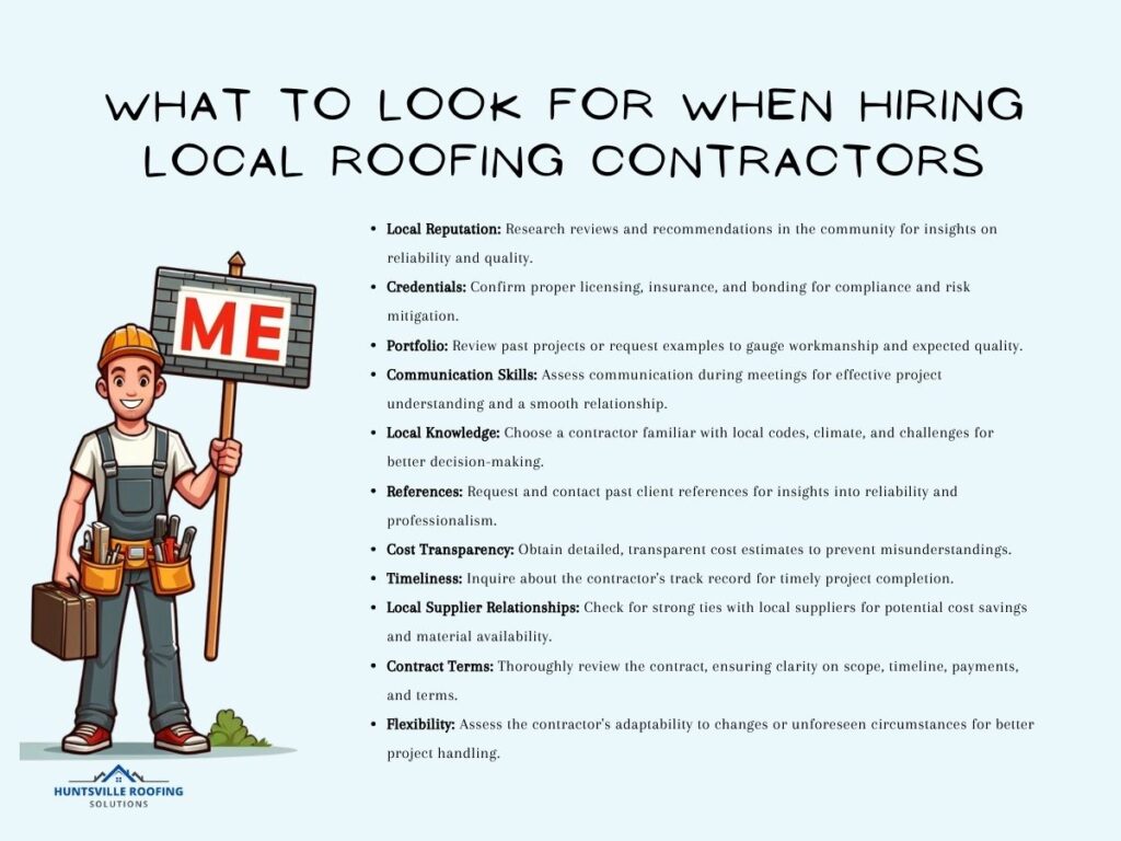 An illustrated guide titled What to Look for When Hiring Local Roofing Contractors features a cartoon roofer with a ME sign, detailed evaluation criteria, and the Huntsville Roofing Solutions logo—perfect for anyone seeking reliable roofing in Huntsville.
