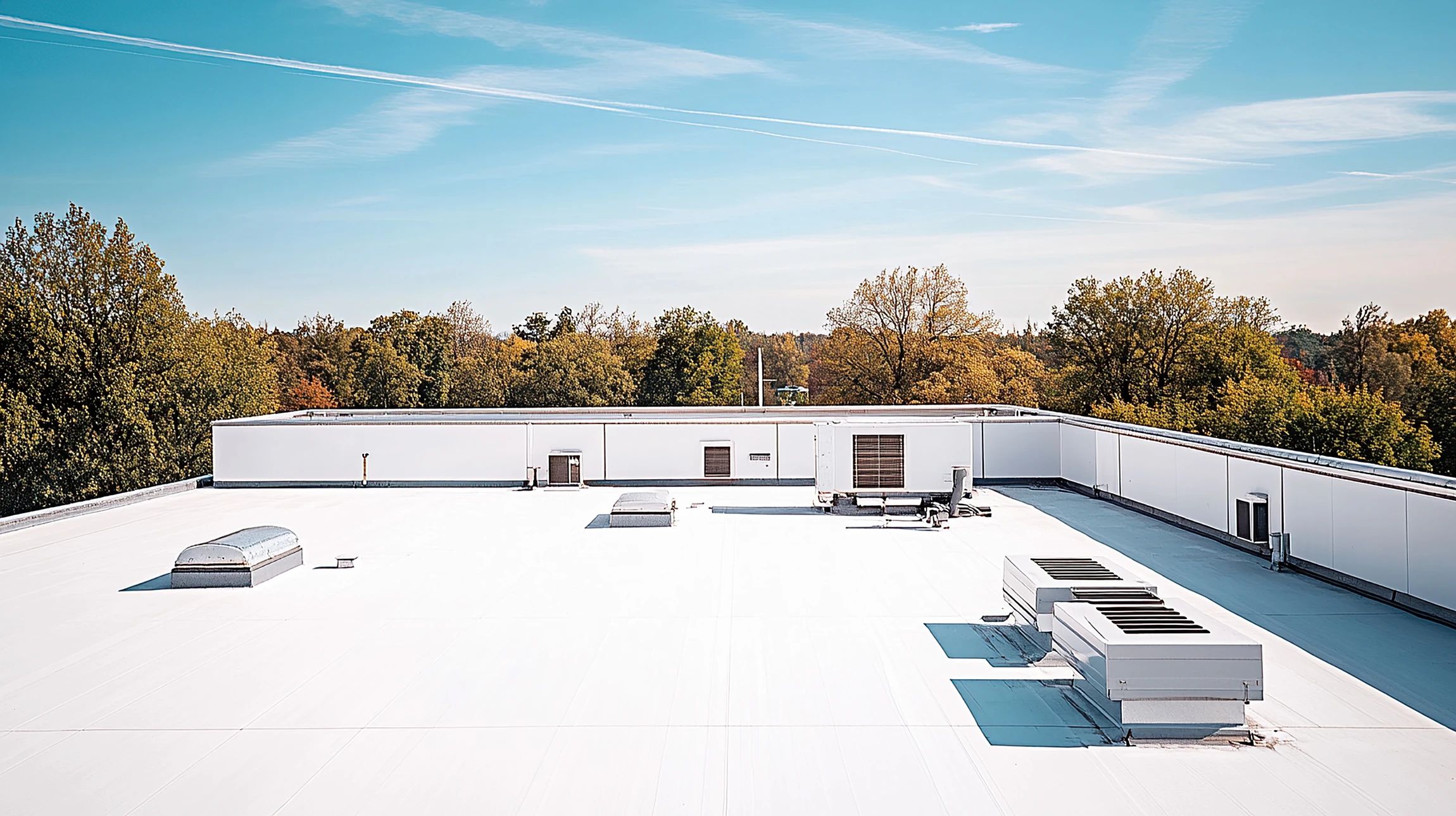 A flat, white commercial rooftop with HVAC units and vents under a clear blue sky. Trees with green and autumn foliage surround the building in the background. Contrails are visible in the sky above.