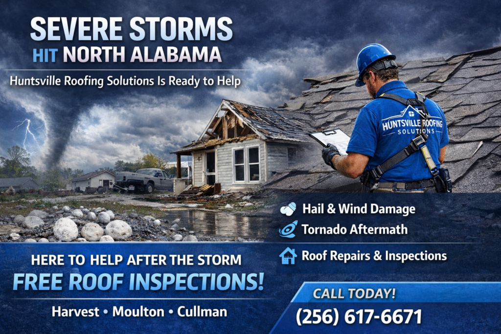 A roofing contractor inspects storm damage to a house, with text promoting free roof inspections for severe storms in North Alabama by Huntsville Roofing Solutions. Services listed include hail, wind, tornado damage, and repairs. Call (256) 617-6671.