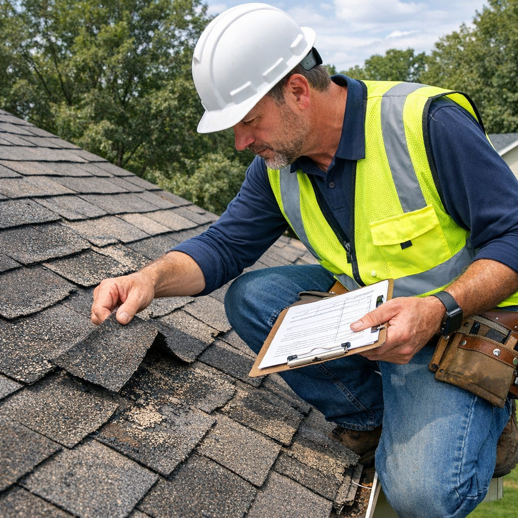 A construction worker wearing a hard hat and safety vest inspects roof shingles while holding a clipboard and kneeling on the roof. Trees and cloudy sky are visible in the background.