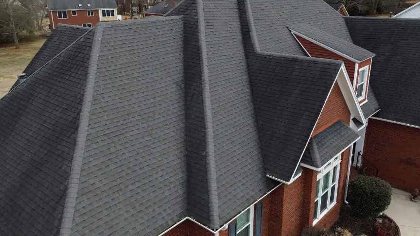 Dark gray architectural shingles highlighting the premium workmanship of our Huntsville roofing company.